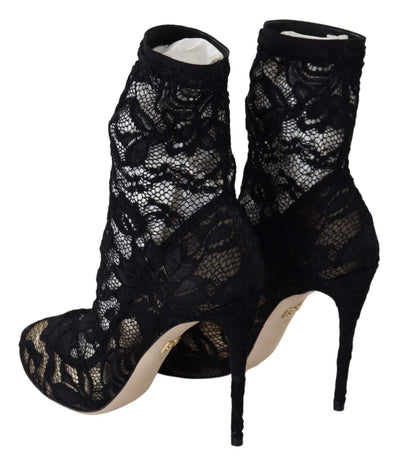 Dolce & Gabbana Black Lace Taormina High Heel Boots Shoes Black, Boots - Women - Shoes, Dolce & Gabbana, EU36.5/US6, feed-agegroup-adult, feed-color-Black, feed-gender-female, Shoes - New Arrivals at SEYMAYKA