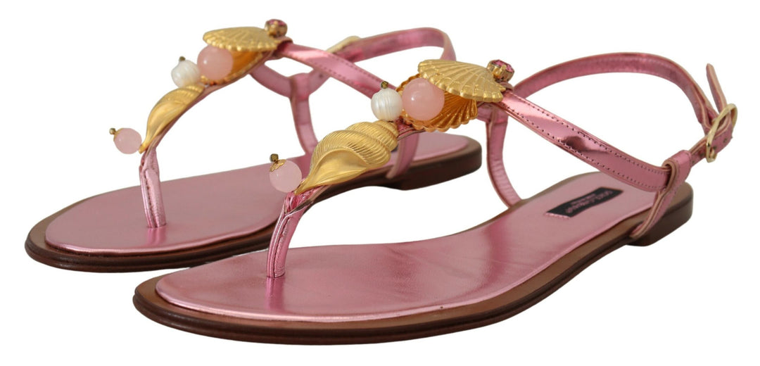 Dolce & Gabbana Pink Embellished Slides Flats Sandals Shoes