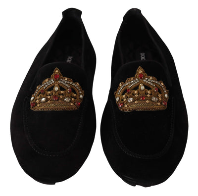 Dolce & Gabbana Black Leather Crystal Gold Crown Loafers Shoes #men, Black, Dolce & Gabbana, EU39/US6, feed-1, Loafers - Men - Shoes at SEYMAYKA