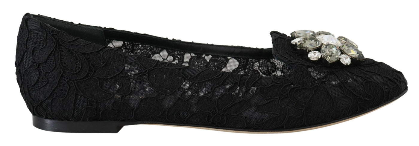 Dolce & Gabbana Black Taormina Lace Crystals Flats Shoes