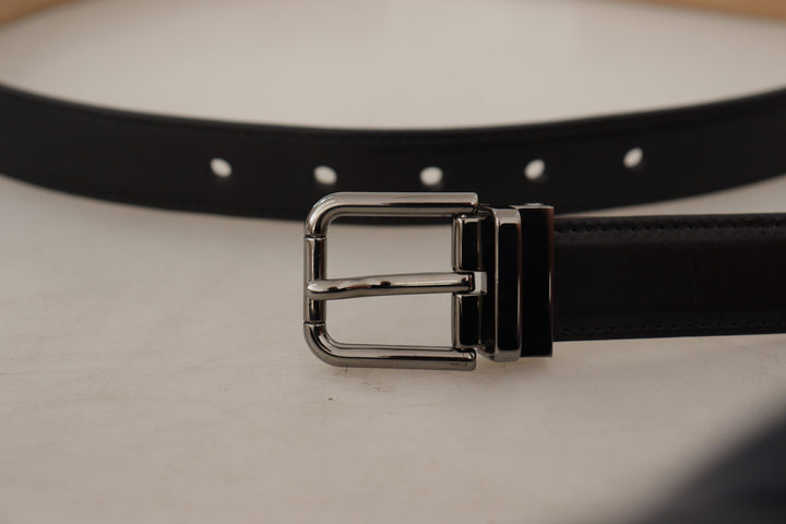 Dolce & gabbana Black Calf Leather Logo Engraved Metal Buckle Belt