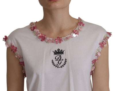 Dolce & Gabbana White DG Crown Floral Sequin T-shirt