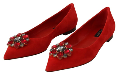 Dolce & Gabbana Red Suede Crystals Loafers Flats Shoes #women, Dolce & Gabbana, EU37/US6.5, EU38/US7.5, feed-agegroup-adult, feed-color-Red, feed-gender-female, Flat Shoes - Women - Shoes, Red at SEYMAYKA