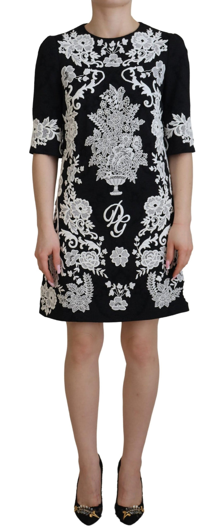 Dolce & Gabbana Black Lace Trim Half Sleeves A-line Dress