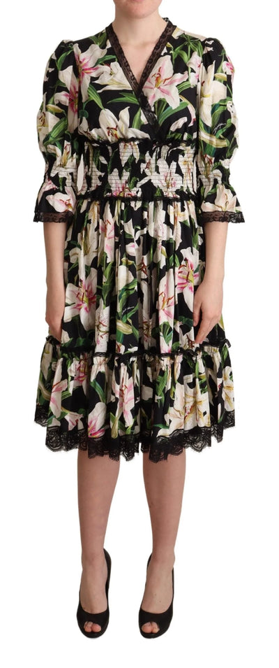 Dolce & Gabbana Black Cotton Lily Print Lace Trim Dress Black, Dolce & Gabbana, Dresses - Women - Clothing, feed-agegroup-adult, feed-color-Black, feed-gender-female, IT36 | XS at SEYMAYKA