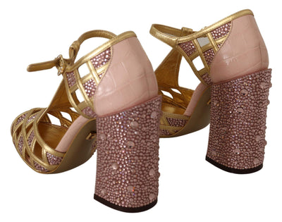 Dolce & Gabbana Pink Gold Leather Crystal Pumps T-strap Shoes #women, Dolce & Gabbana, EU35/US4.5, EU36/US5.5, EU37/US6.5, EU38/US7.5, EU39.5/US9, EU40.5/US10, feed-agegroup-adult, feed-color-Gold, feed-gender-female, Gold, Sandals - Women - Shoes at SEYMAYKA