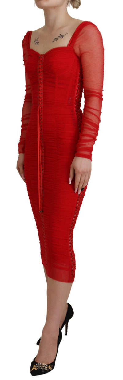 Dolce & Gabbana Red Mesh Trim Bodycon Sheath Midi Dress