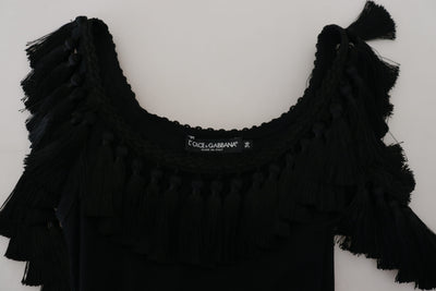 Dolce & Gabbana Black Tank Top Blouse Tassle Cotton Blouse