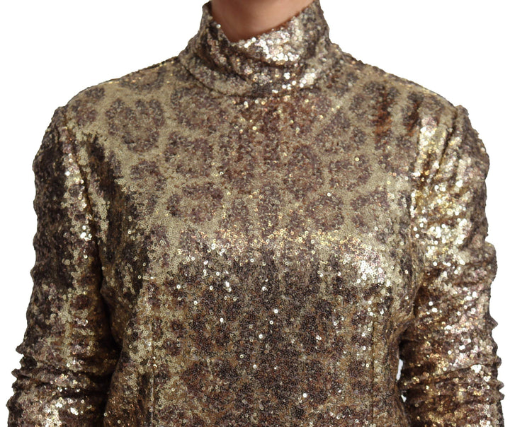 Dolce & Gabbana Brown Leopard Fit Turtleneck Sequin Sweater #women, Brown, Dolce & Gabbana, feed-agegroup-adult, feed-color-Brown, feed-gender-female, feed-size-IT46|XL, IT46|XL, Sweaters - Women - Clothing, Women - New Arrivals at SEYMAYKA