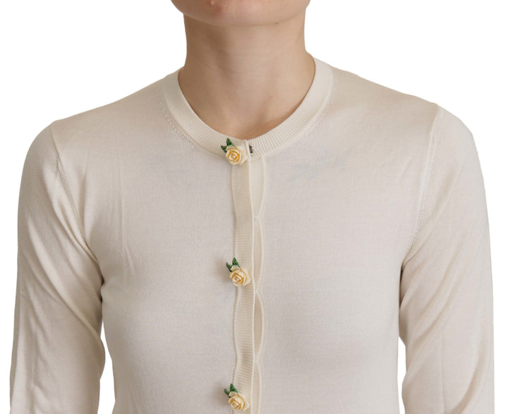 Dolce & Gabbana White Silk Knit Rose Button Cardigan Sweater