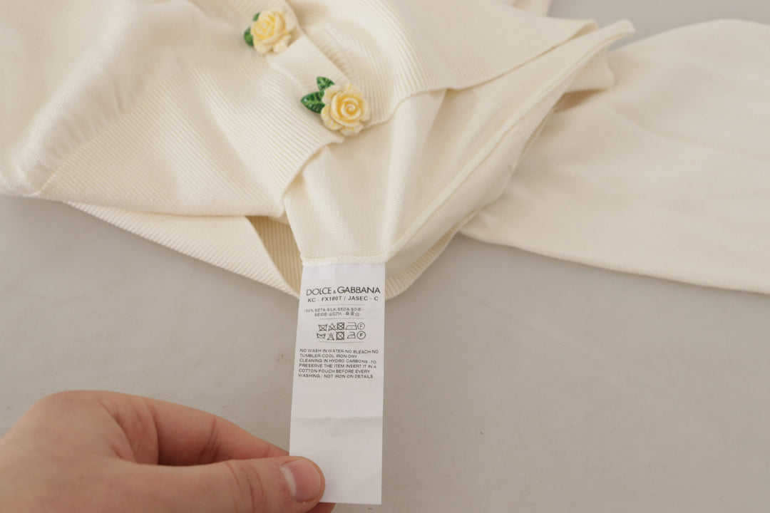 Dolce & Gabbana White Silk Knit Rose Button Cardigan Sweater