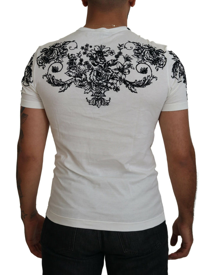 Dolce & Gabbana White DG Crown Floral Crewneck Men T-shirt
