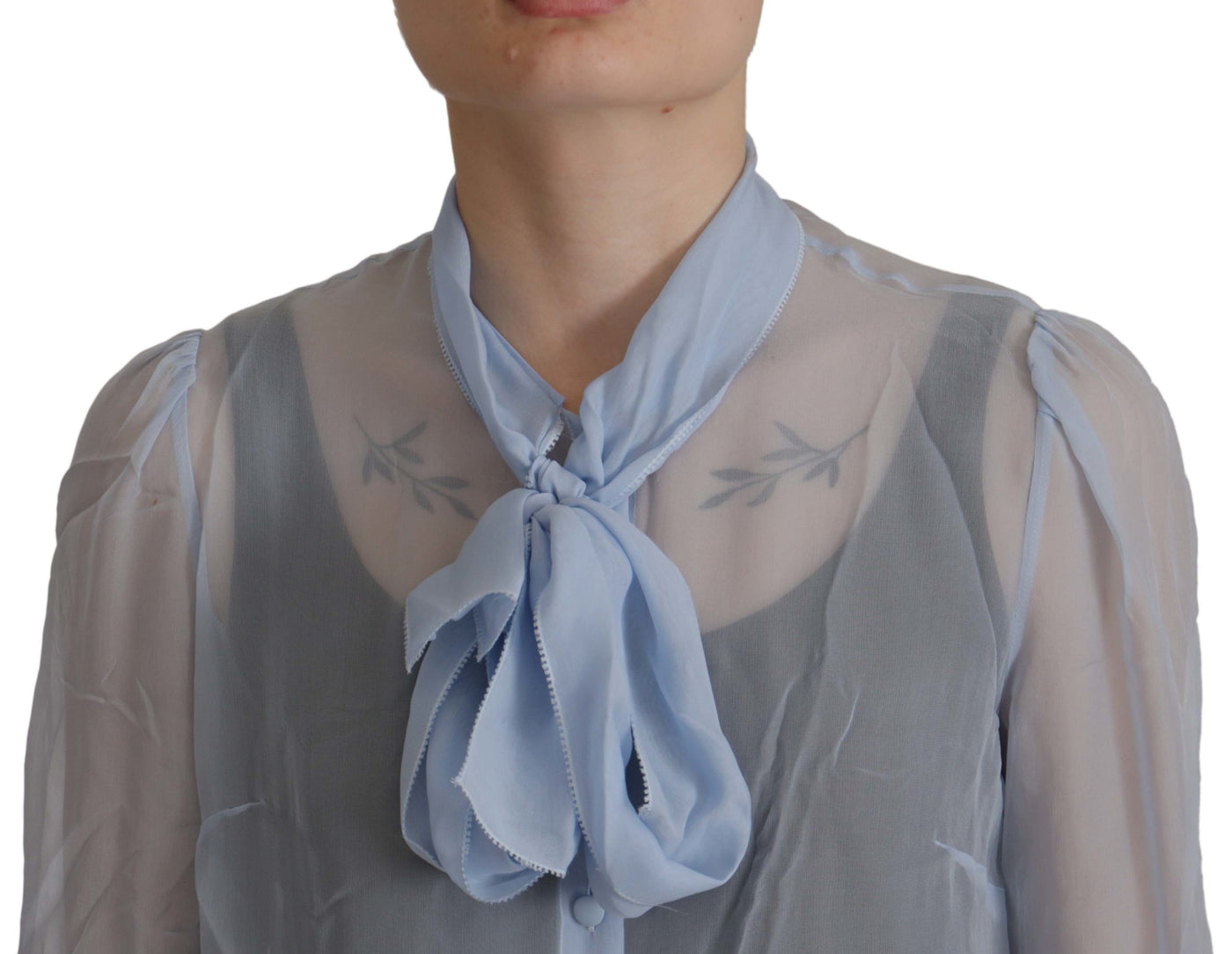 Dolce & Gabbana Light Blue Silk Ascot Collar Long Sleeves Top