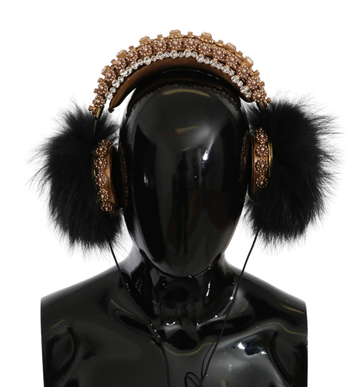 Dolce & Gabbana Gold Black Crystal Fur Headset Audio Headphones #women, Accessories - New Arrivals, Dolce & Gabbana, feed-agegroup-adult, feed-color-Black, feed-gender-female, Gold Black, Other - Women - Accessories at SEYMAYKA