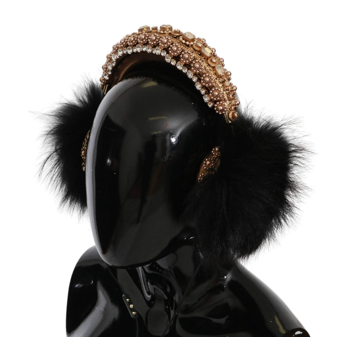 Dolce & Gabbana Gold Black Crystal Fur Headset Audio Headphones #women, Accessories - New Arrivals, Dolce & Gabbana, feed-agegroup-adult, feed-color-Black, feed-gender-female, Gold Black, Other - Women - Accessories at SEYMAYKA