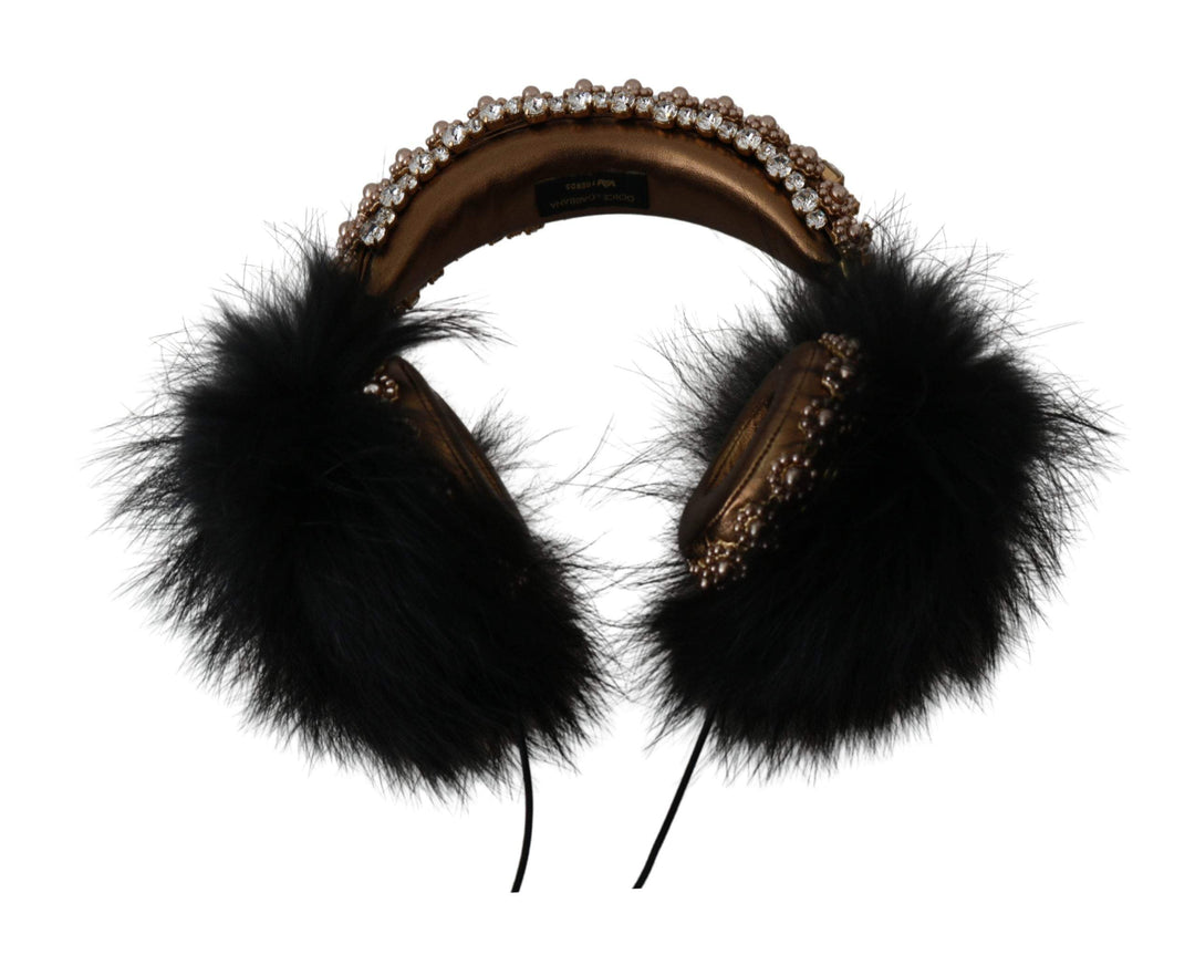 Dolce & Gabbana Gold Black Crystal Fur Headset Audio Headphones #women, Accessories - New Arrivals, Dolce & Gabbana, feed-agegroup-adult, feed-color-Black, feed-gender-female, Gold Black, Other - Women - Accessories at SEYMAYKA