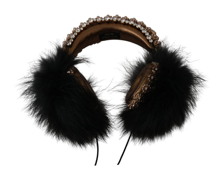 Dolce & Gabbana Gold Black Crystal Fur Headset Audio Headphones #women, Accessories - New Arrivals, Dolce & Gabbana, feed-agegroup-adult, feed-color-Black, feed-gender-female, Gold Black, Other - Women - Accessories at SEYMAYKA
