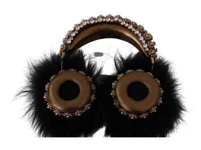 Dolce & Gabbana Gold Black Crystal Fur Headset Audio Headphones #women, Accessories - New Arrivals, Dolce & Gabbana, feed-agegroup-adult, feed-color-Black, feed-gender-female, Gold Black, Other - Women - Accessories at SEYMAYKA