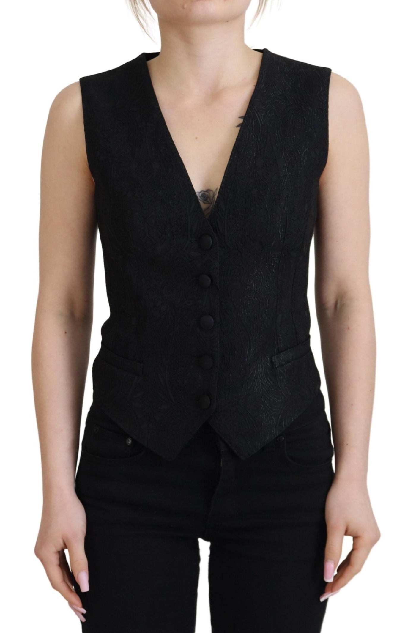 Dolce & Gabbana Black Brocade Button Down Sleeveless Vest Top