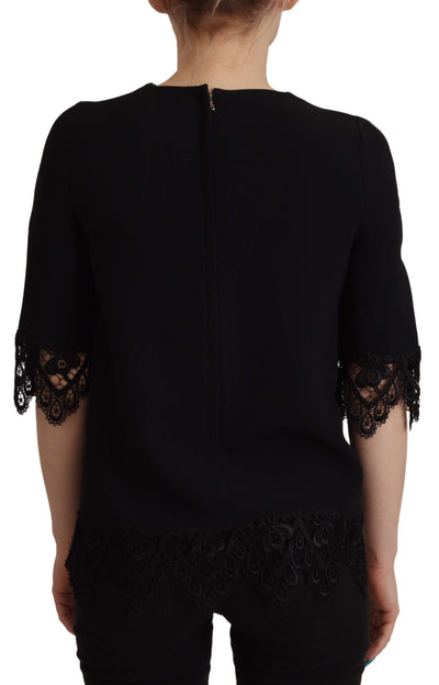 Dolce & Gabbana Black Cady Lace Trim Bead Embellished Logo Blouse