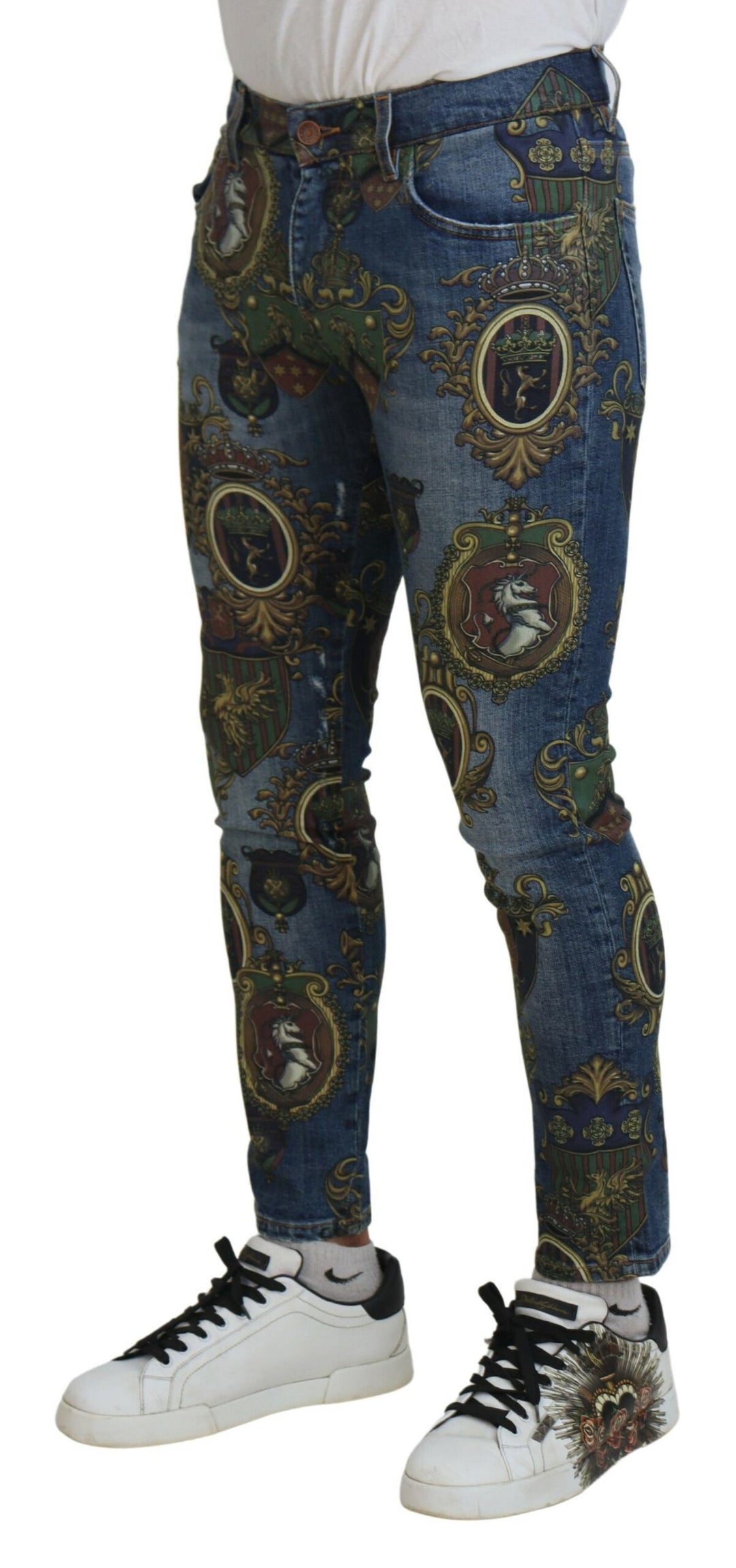 Dolce & gabbana Blue Medal Print Slim Fit Cotton Jeans