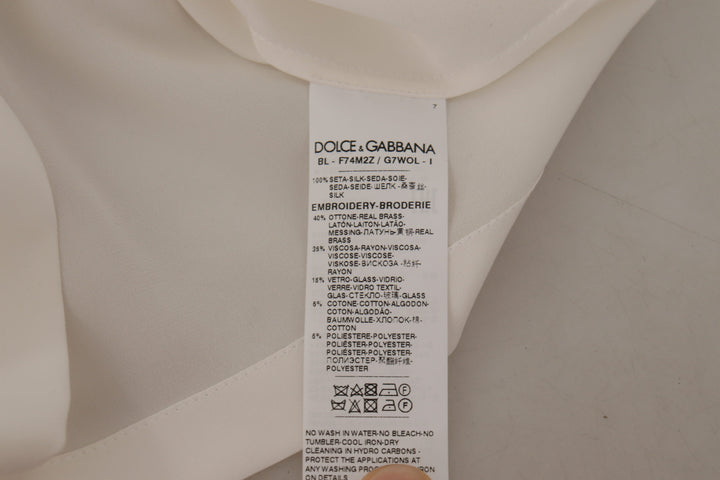 Dolce & Gabbana White Silk Gold DG Crown Crystal Blouse Top