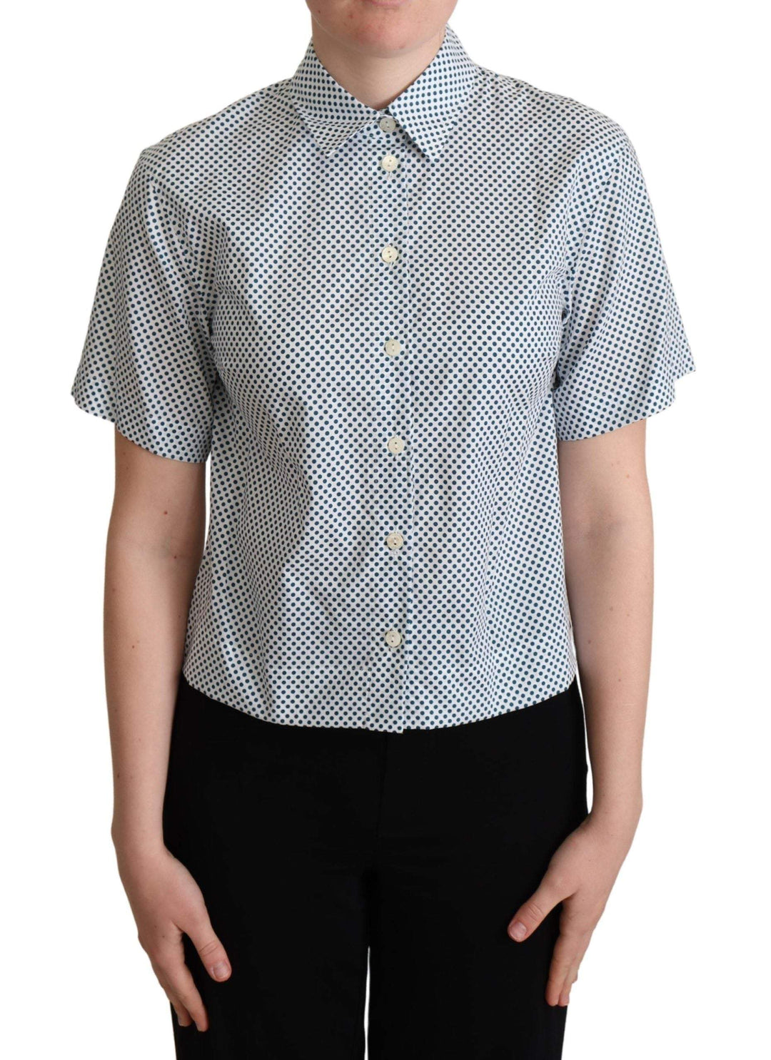 Dolce & Gabbana White Blue Polka Dot Cotton Shirt Dolce & Gabbana, feed-agegroup-adult, feed-color-White, feed-gender-female, IT38|XS, IT40|S, IT42|M, IT44|L, IT46|XL, Shirts - Women - Clothing, White at SEYMAYKA
