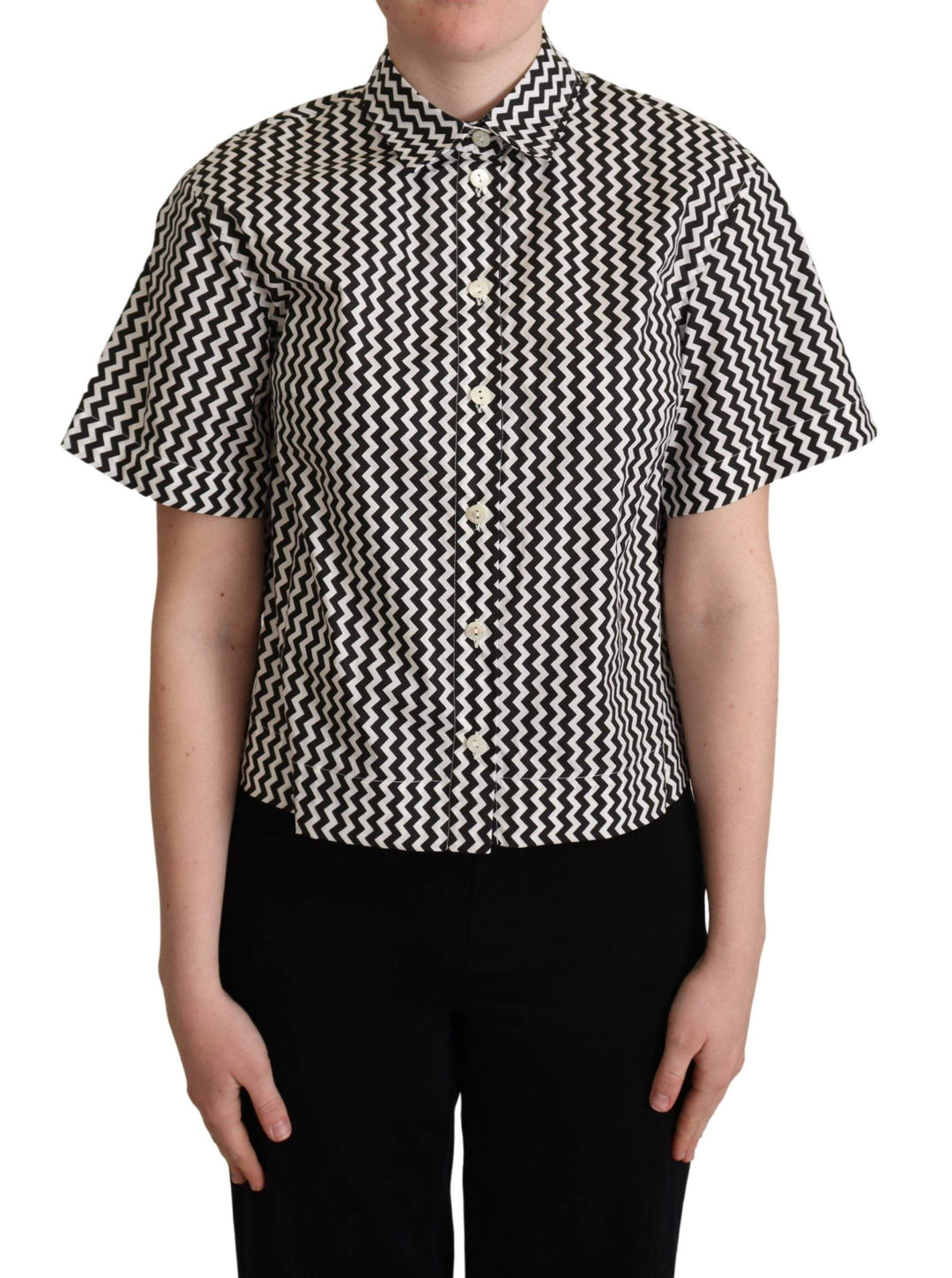 Dolce & Gabbana Black White Zigzag Collar Cotton Top Shirt Black, Dolce & Gabbana, feed-agegroup-adult, feed-color-Black, feed-gender-female, IT38|XS, IT40|S, IT42|M, IT44|L, IT46|XL, Shirts - Women - Clothing at SEYMAYKA