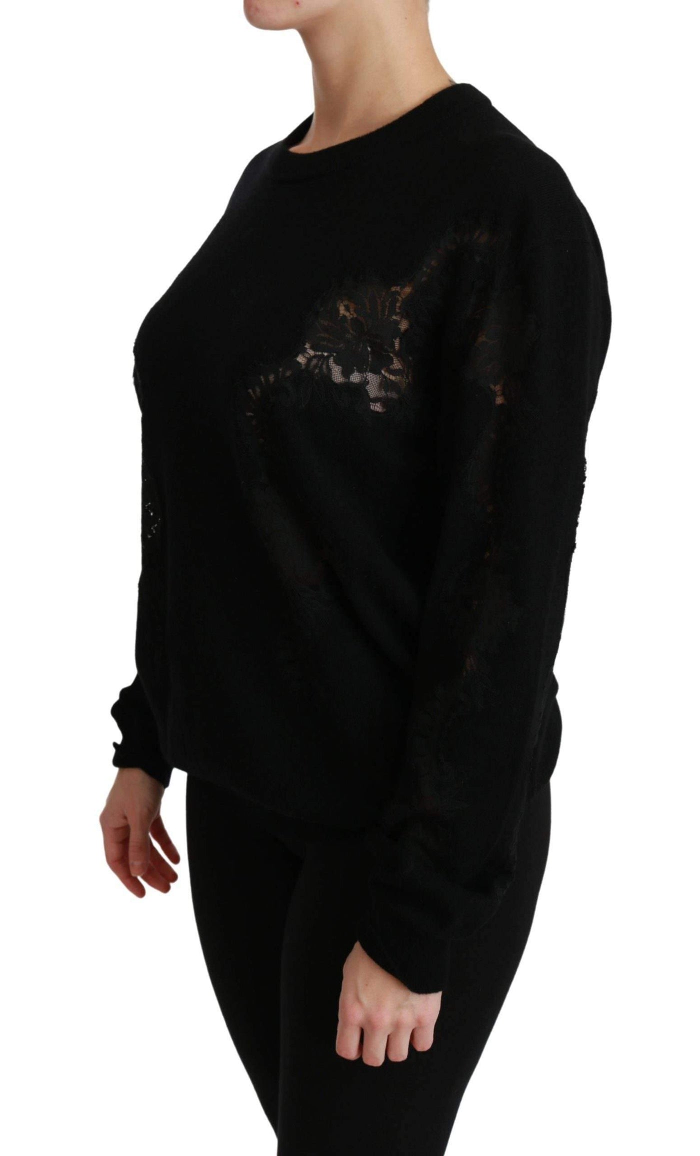 Dolce & Gabbana  Black Cashmere Floral Lace Cutout Sweater #women, Black, Brand_Dolce & Gabbana, Catch, Dolce & Gabbana, feed-agegroup-adult, feed-color-black, feed-gender-female, feed-size-IT46|XL, Gender_Women, IT46|XL, Kogan, Sweaters - Women - Clothing, Women - New Arrivals at SEYMAYKA