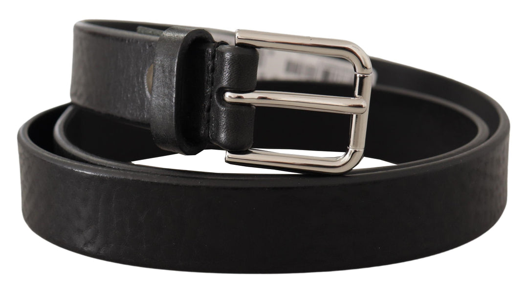 Dolce & gabbana Black Calf Leather Silver Tone Logo Metal Buckle Belt