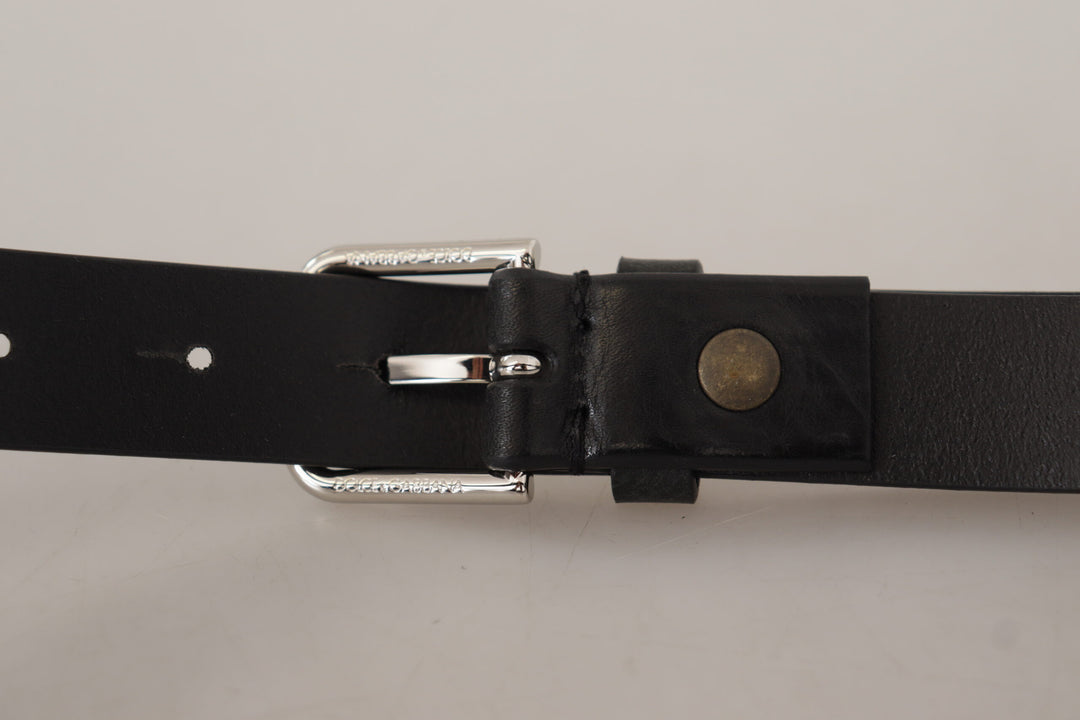 Dolce & gabbana Black Calf Leather Silver Tone Logo Metal Buckle Belt