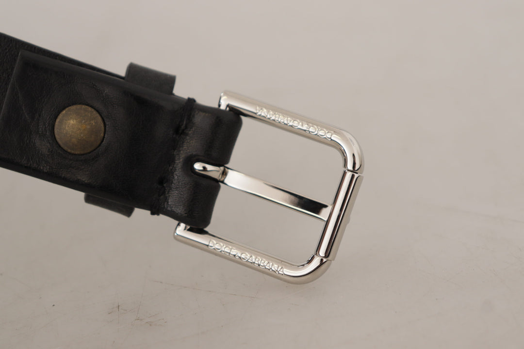 Dolce & gabbana Black Calf Leather Silver Tone Logo Metal Buckle Belt