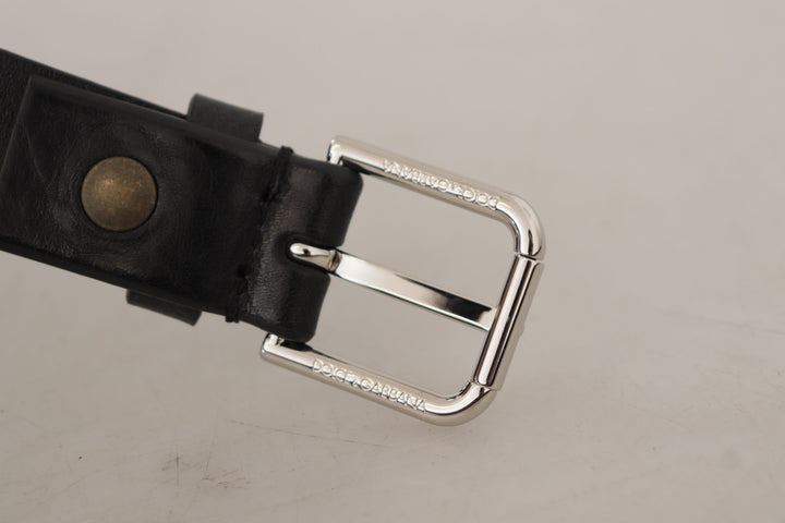 Dolce & gabbana Black Calf Leather Silver Tone Logo Metal Buckle Belt
