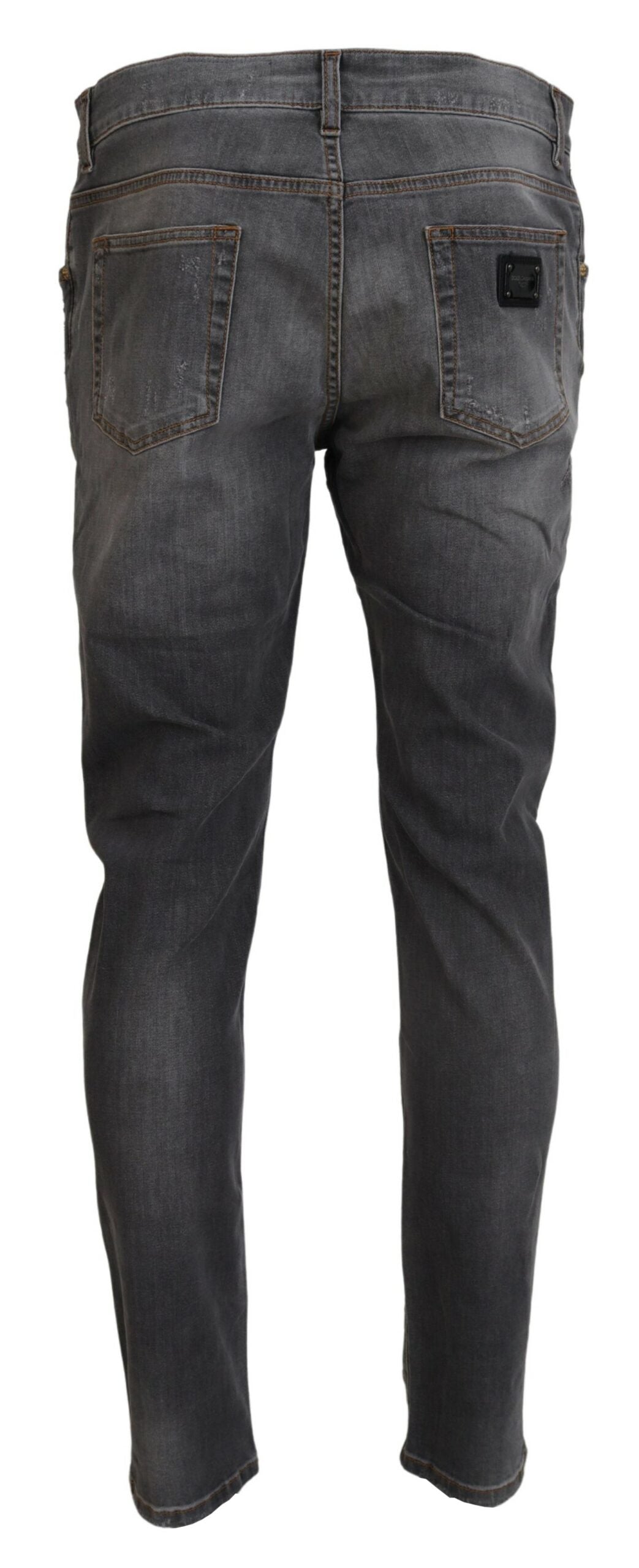 Dolce & Gabbana Gray Embroidery Tattered Slim Fit Denim Jeans