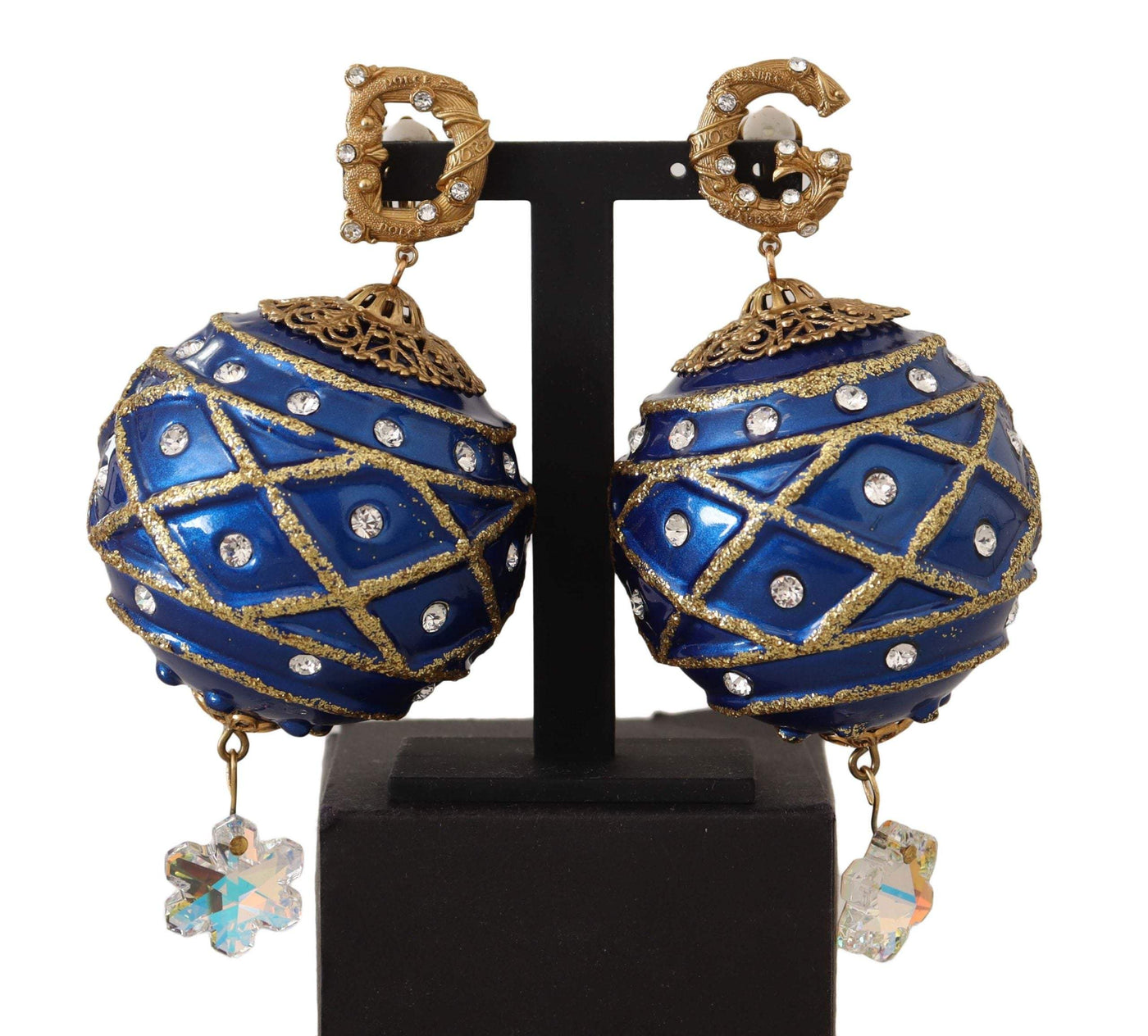 Dolce & Gabbana Gold Brass Blue Christmas Ball Crystal Clip On Earrings Blue, Dolce & Gabbana, Earrings - Women - Jewelry, feed-agegroup-adult, feed-color-Blue, feed-gender-female at SEYMAYKA