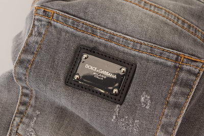 Dolce & Gabbana Gray Embroidery Tattered Slim Fit Denim Jeans