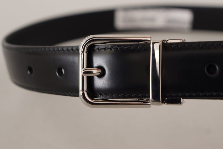 Dolce & gabbana Black Calf Leather Logo Engraved Metal Buckle Belt