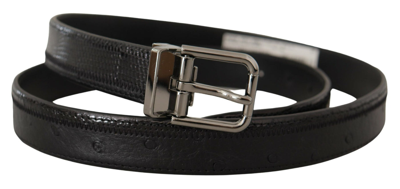 Dolce & Gabbana Black Ostrich Exotic Leather Logo Metal Buckle Belt