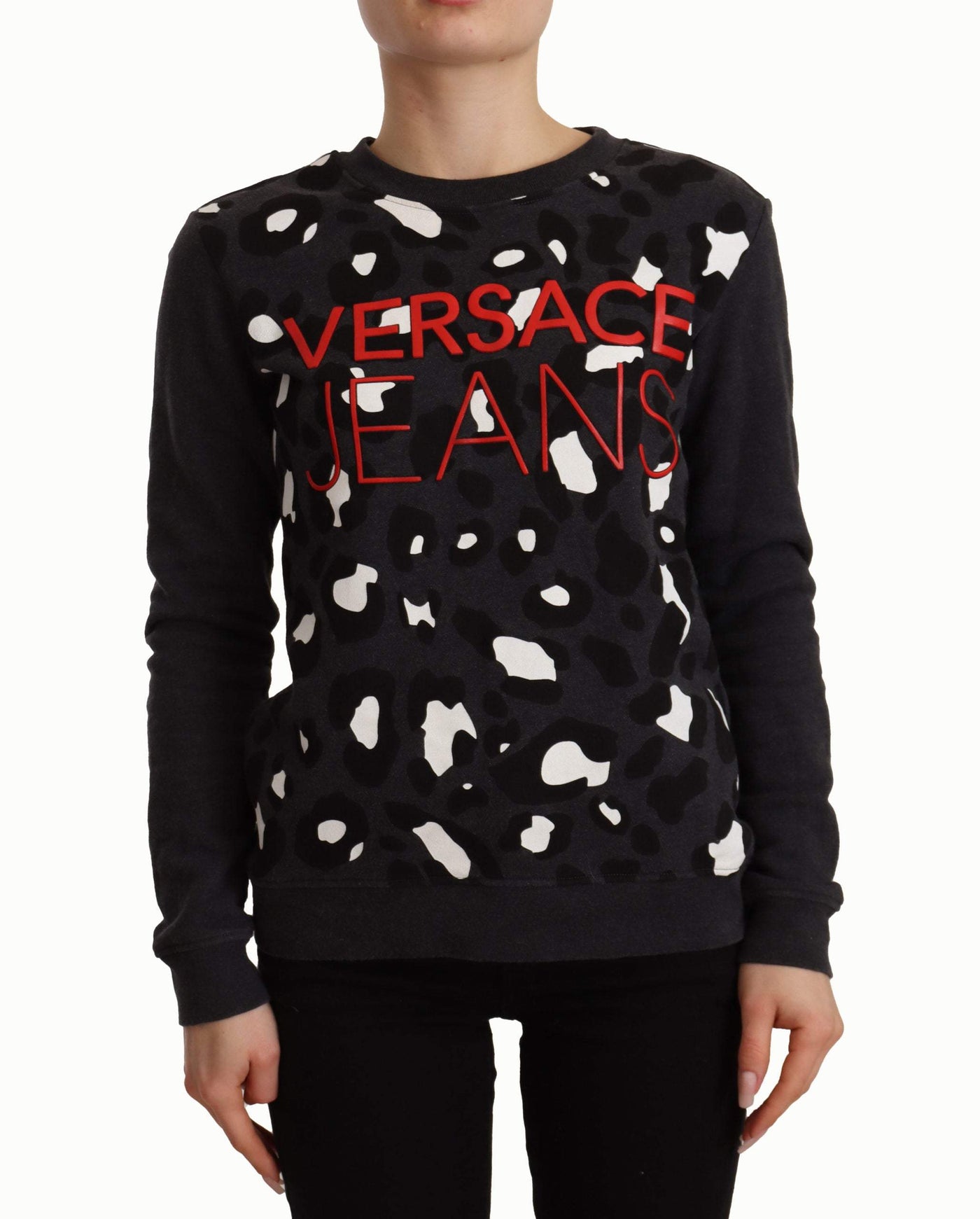 Versace Jeans Black Cotton Leopard Long Sleeves Pullover Sweater Black, feed-1, IT42|M, Sweaters - Women - Clothing, Versace Jeans at SEYMAYKA