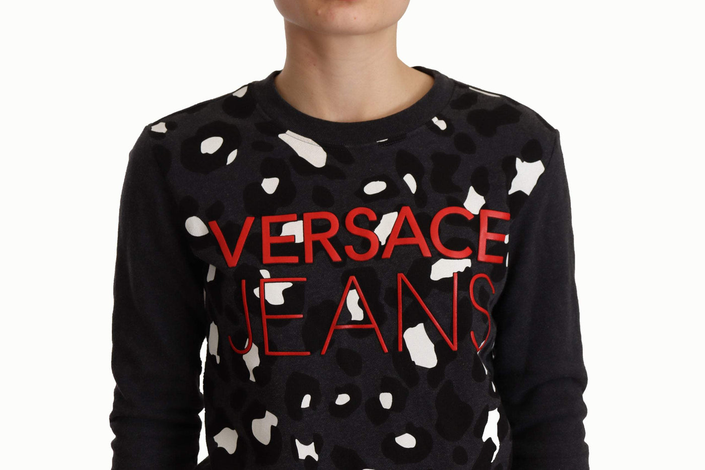 Versace Jeans Black Cotton Leopard Long Sleeves Pullover Sweater Black, feed-1, IT42|M, Sweaters - Women - Clothing, Versace Jeans at SEYMAYKA