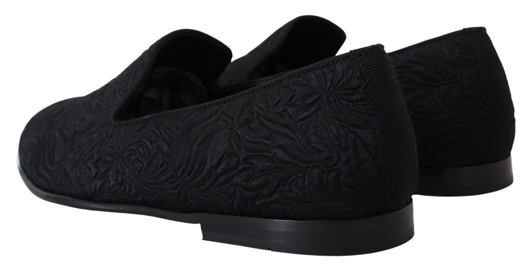 Dolce & Gabbana Black Floral Jacquard Slippers Loafers Shoes