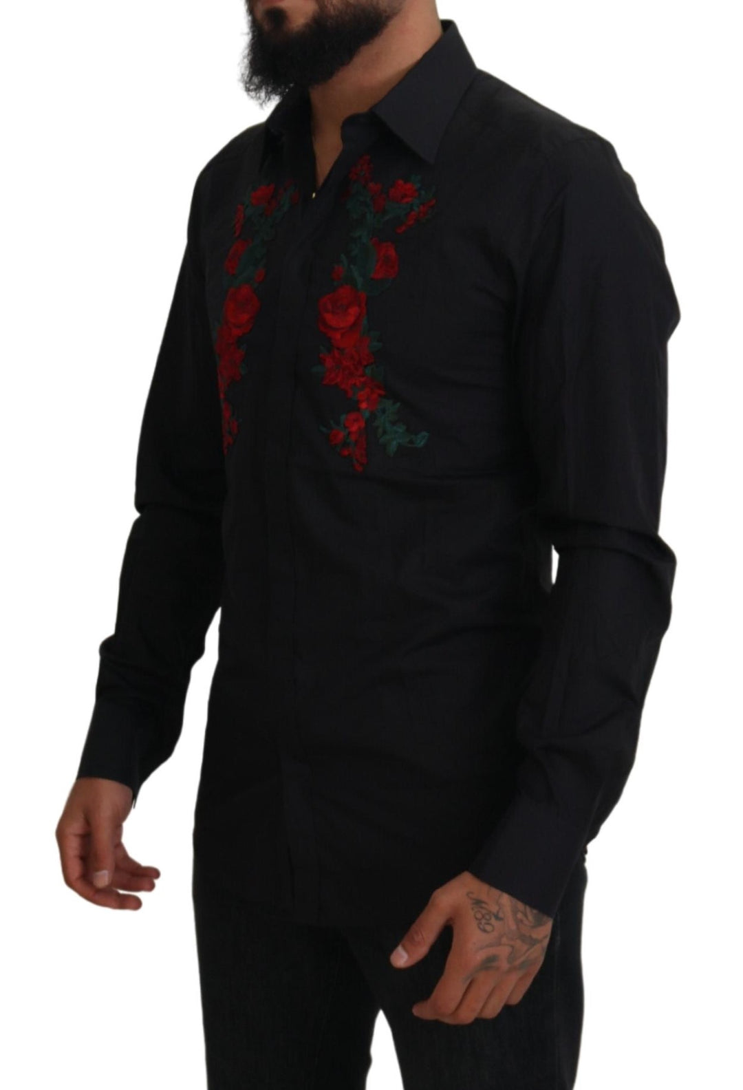 Dolce & Gabbana Black Floral Embroidery Men Long Sleeves GOLD Shirt