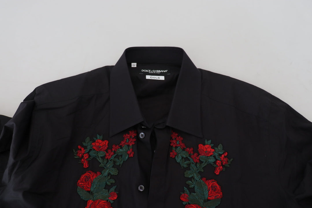 Dolce & Gabbana Black Floral Embroidery Men Long Sleeves GOLD Shirt