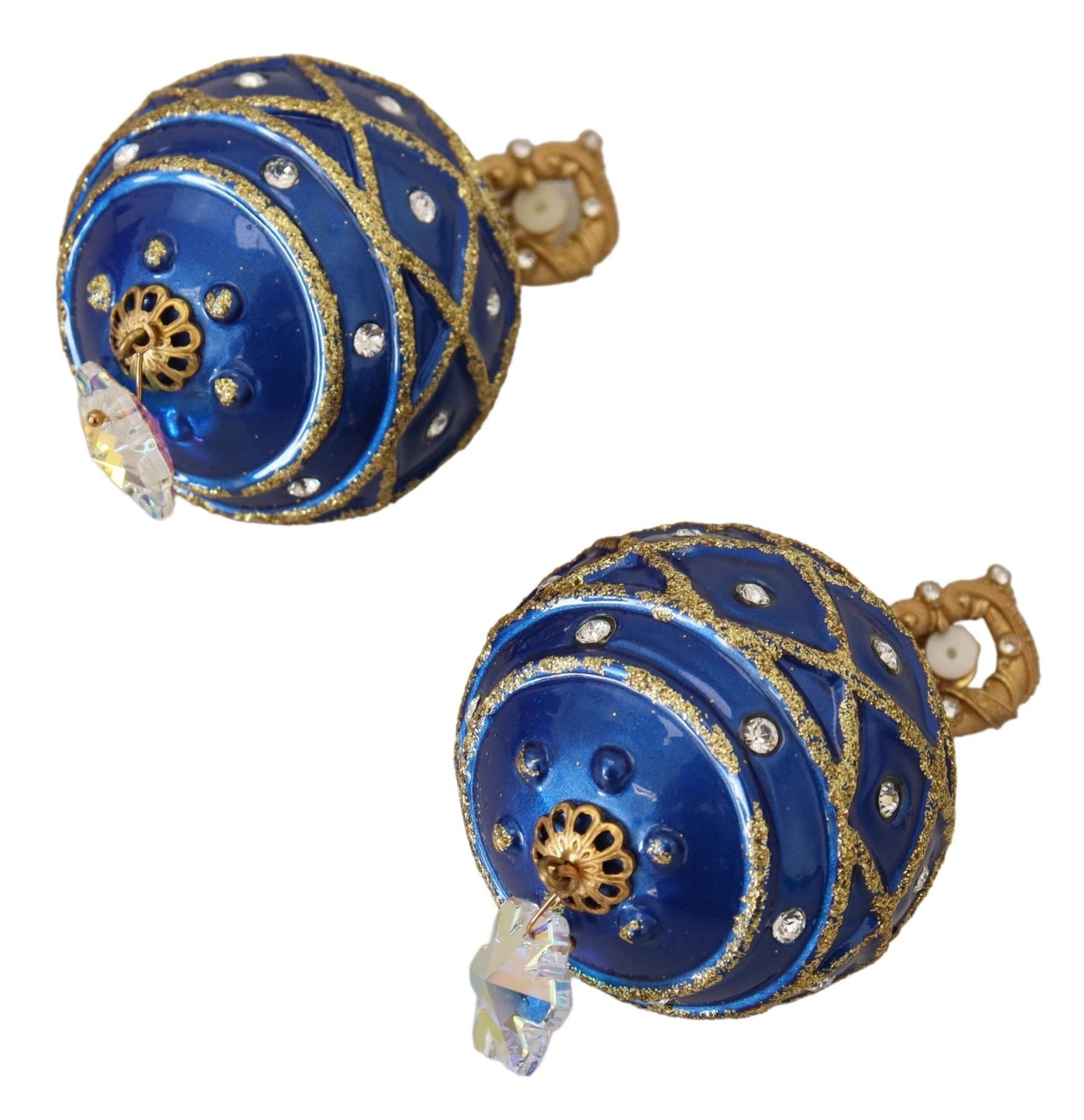 Gold Brass Blue Dangle Ball Crystal Clip On Earrings