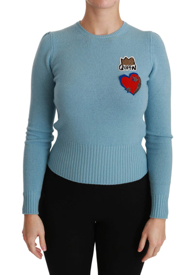 Dolce & Gabbana Blue Wool Queen Heart Pullover Sweater Blue, Dolce & Gabbana, feed-agegroup-adult, feed-color-Blue, feed-gender-female, IT36 | XS, IT46 | L, Sweaters - Women - Clothing, Women - New Arrivals at SEYMAYKA
