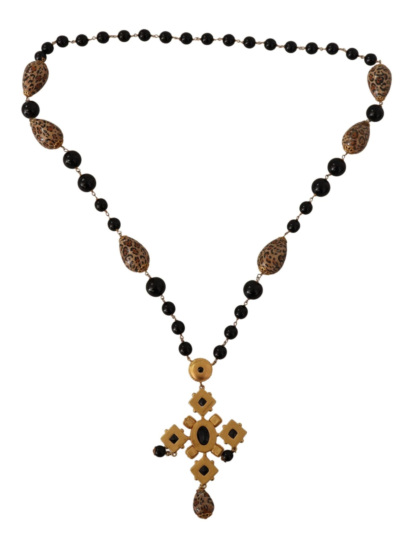 Dolce & Gabbana Gold Tone Brass Leopard Cross Chain Black Crystal Necklace