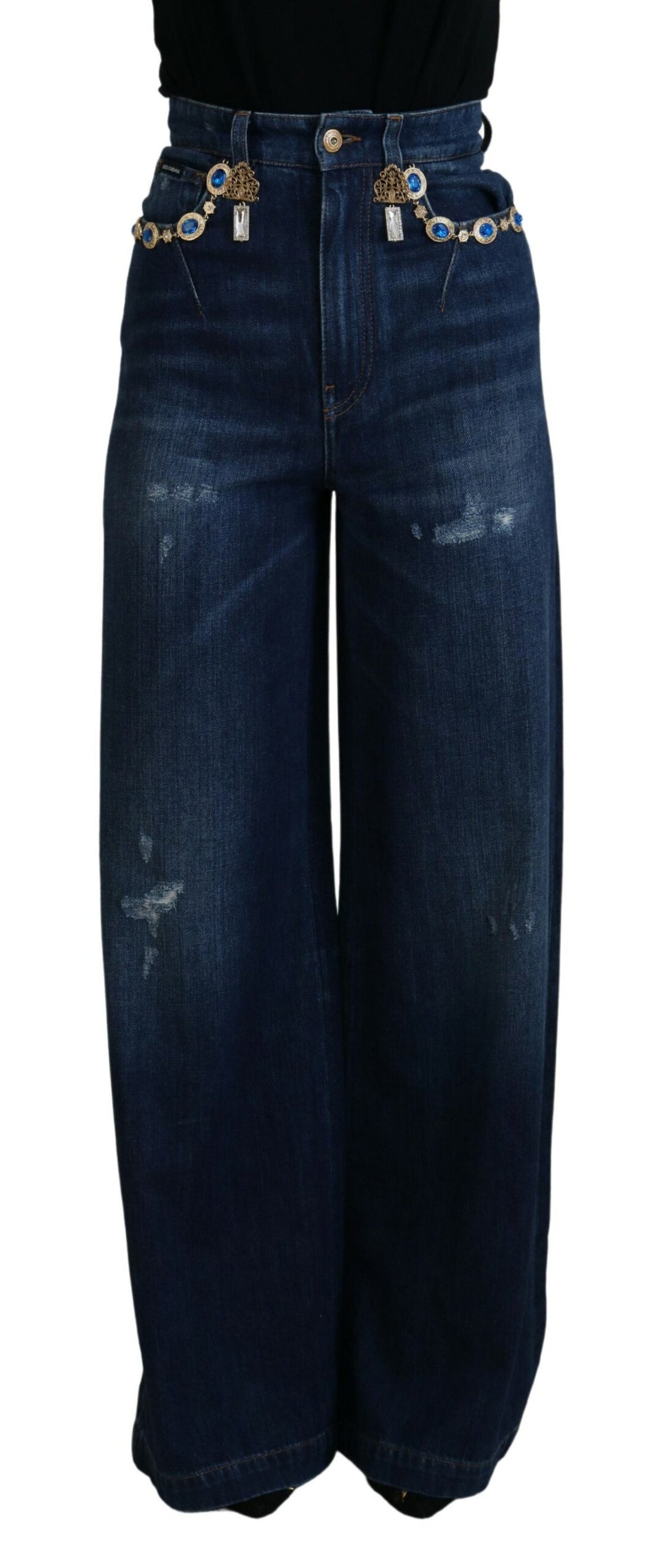 Blue Embellished Straight Denim Cotton Jeans