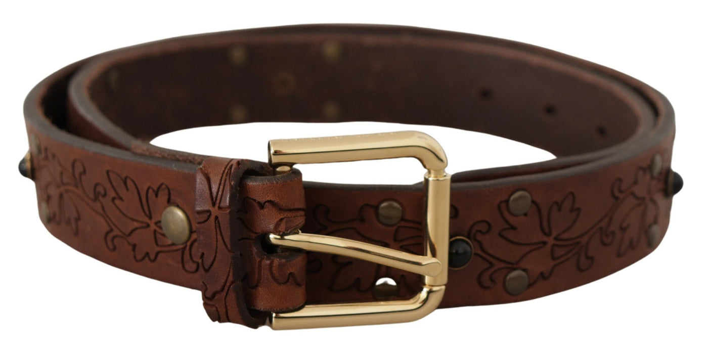 Dolce & Gabbana Brown Leather Floral Studded Metal Buckle Belt