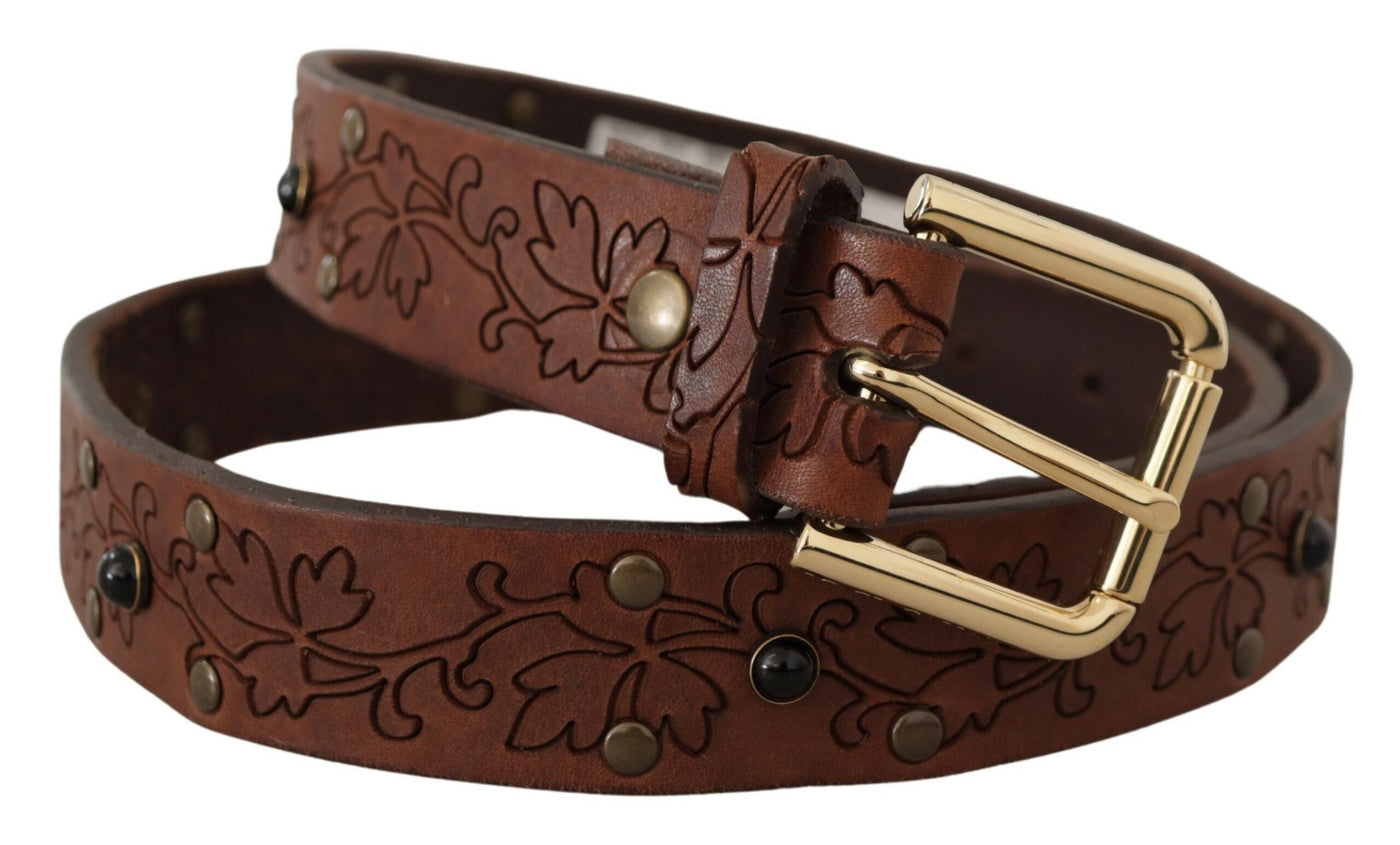 Dolce & Gabbana Brown Leather Floral Studded Metal Buckle Belt