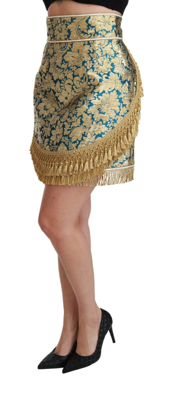 Dolce & Gabbana  Blue High Waist Jacquard Tassel Gold Skirt #women, Brand_Dolce & Gabbana, Catch, Dolce & Gabbana, feed-agegroup-adult, feed-color-gold, feed-gender-female, feed-size-IT38|XS, feed-size-IT42|M, Gender_Women, Gold, IT38|XS, IT42|M, Kogan, Skirts - Women - Clothing, Women - New Arrivals at SEYMAYKA